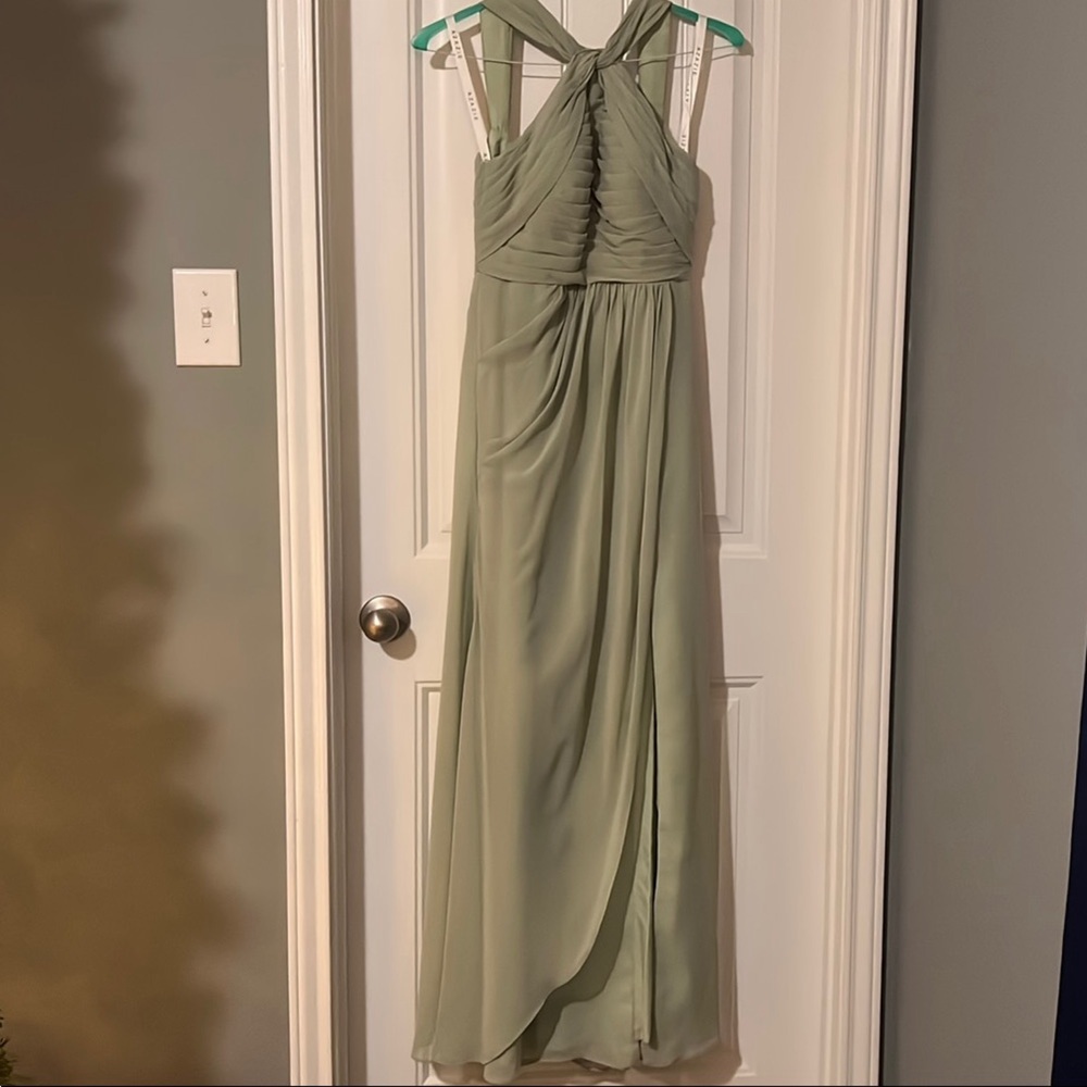 Elegant Dusty Sage Green Azazie halter neck line Maxi Dress